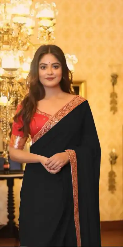 BT 394 Black Color Georgette Saree with Zari Work. Wedding, Party, Festive, Events, Grab it for ₹1774. Delivery 4-6 Working Days. Shop now. | Creative Sarees, Embroidered Sarees, Bollywood Sarees, Designer Sarees, Ethnic Saree, Modern Digital sarees, Party Wear Sarees, Sarees