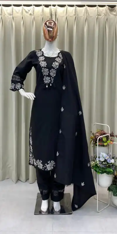 BE 385 Black Color Rayon Slub Cotton Embroidery Work Salwar Suit Casual, Wedding, Festive, Events . Expected Delivery  4-6 Working Days @1899/- only      | Casual Suits, Jump Suits, Creative suits, Designer Suits, Palazzo Suits, Party Wear Suits, Patiala Suits, Salwar suit, Straight Suits
