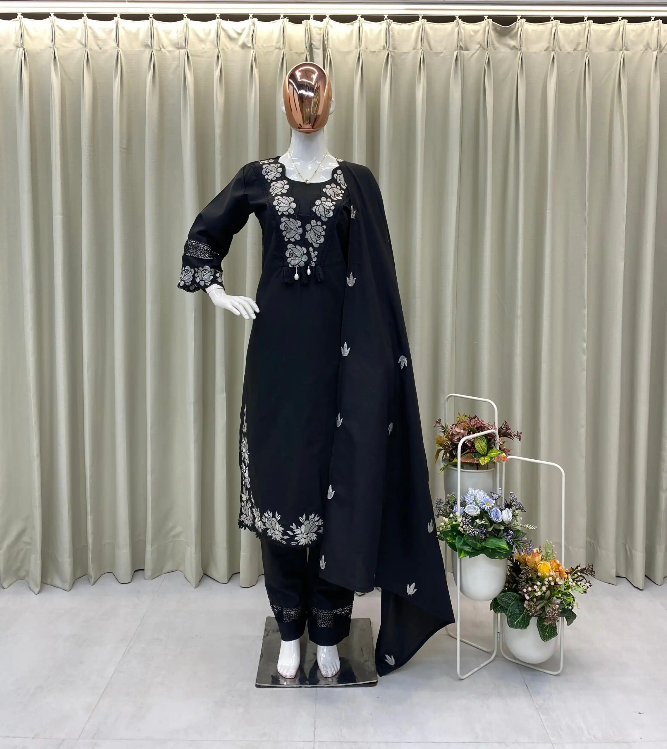 BE 385 Black Color Rayon Slub Cotton Embroidery Work Salwar Suit Casual, Wedding, Festive, Events . Expected Delivery  4-6 Working Days @1899/- only      | Casual Suits, Jump Suits, Creative suits, Designer Suits, Palazzo Suits, Party Wear Suits, Patiala Suits, Salwar suit, Straight Suits