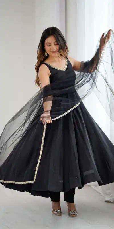 KB 285 Black in Roman Silk Chanderi Mirror Work & Lace Work Gown . Best Price ₹1929. Delivery 4-6 Working Days. Shop now. | Casual Suits, Jump Suits, Creative suits, Designer Suits, Palazzo Suits, Party Wear Suits, Patiala Suits, Salwar suit, Straight Suits