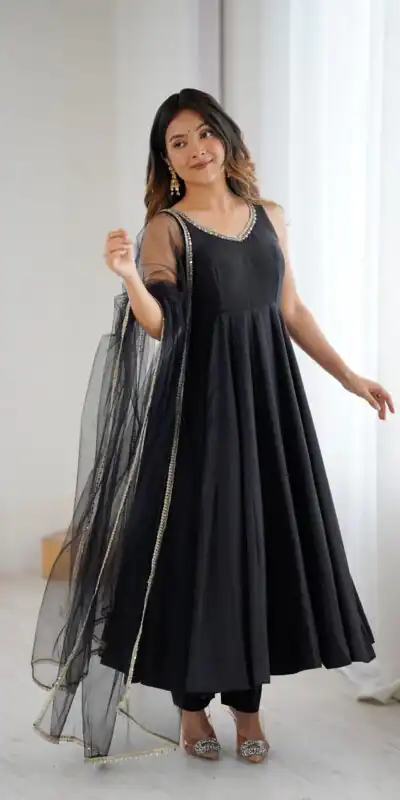 KB 285 Black in Roman Silk Chanderi Mirror Work & Lace Work Gown . Best Price ₹1929. Delivery 4-6 Working Days. Shop now. | Casual Suits, Jump Suits, Creative suits, Designer Suits, Palazzo Suits, Party Wear Suits, Patiala Suits, Salwar suit, Straight Suits