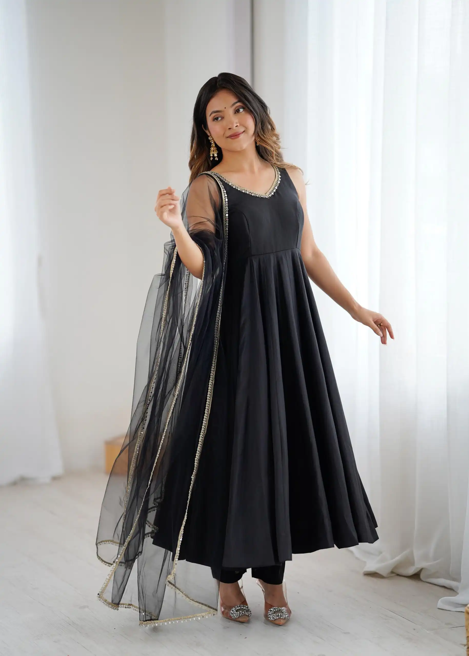 KB 285 Black in Roman Silk Chanderi Mirror Work & Lace Work Gown . Best Price ₹1929. Delivery 4-6 Working Days. Shop now. | Casual Suits, Jump Suits, Creative suits, Designer Suits, Palazzo Suits, Party Wear Suits, Patiala Suits, Salwar suit, Straight Suits