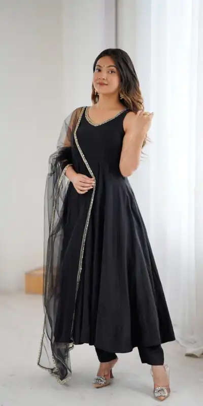 KB 285 Black in Roman Silk Chanderi Mirror Work & Lace Work Gown . Best Price ₹1929. Delivery 4-6 Working Days. Shop now. | Casual Suits, Jump Suits, Creative suits, Designer Suits, Palazzo Suits, Party Wear Suits, Patiala Suits, Salwar suit, Straight Suits