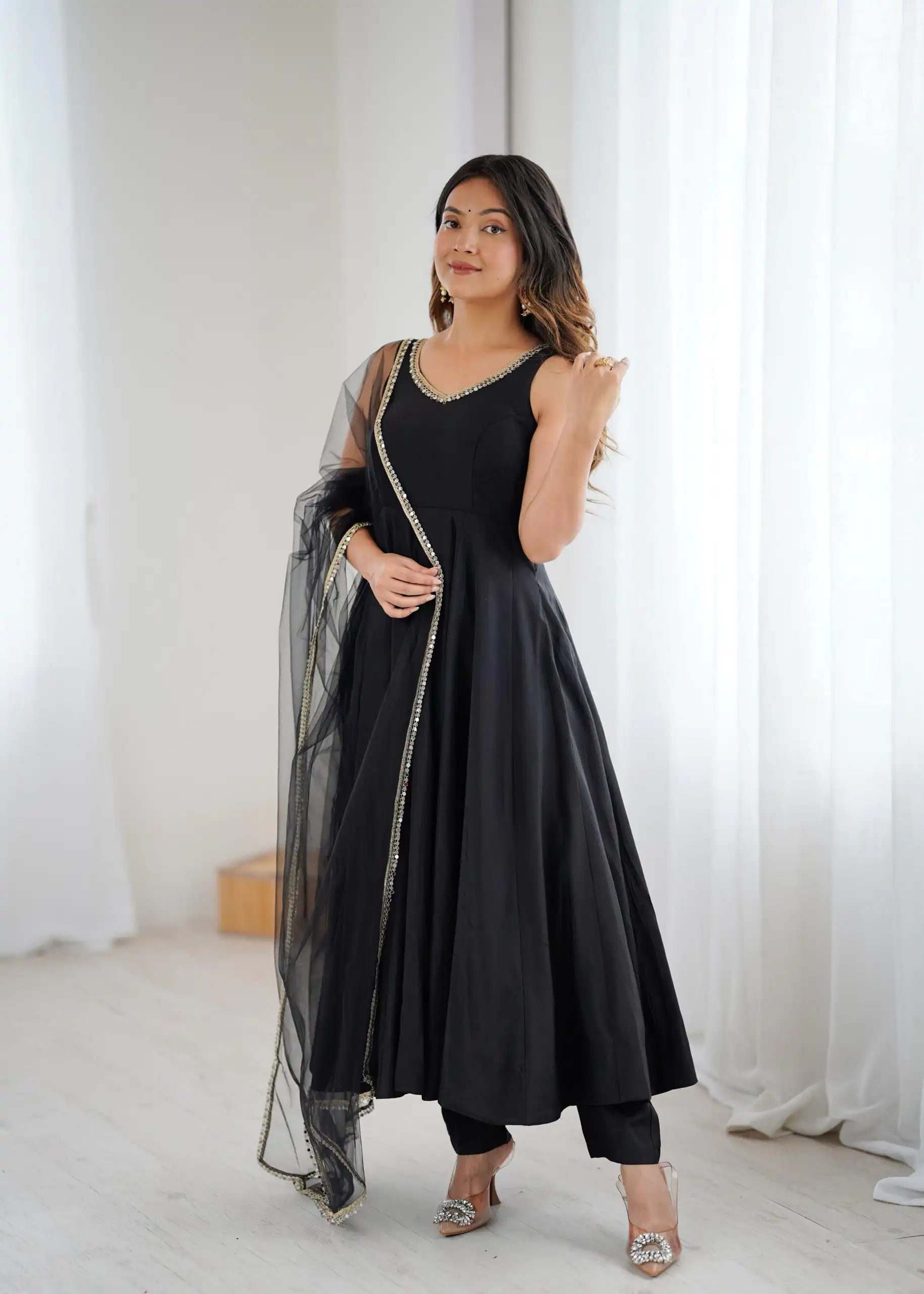KB 285 Black in Roman Silk Chanderi Mirror Work & Lace Work Gown . Best Price ₹1929. Delivery 4-6 Working Days. Shop now. | Casual Suits, Jump Suits, Creative suits, Designer Suits, Palazzo Suits, Party Wear Suits, Patiala Suits, Salwar suit, Straight Suits