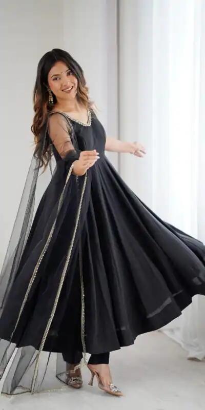KB 285 Black in Roman Silk Chanderi Mirror Work & Lace Work Gown . Best Price ₹1929. Delivery 4-6 Working Days. Shop now. | Casual Suits, Jump Suits, Creative suits, Designer Suits, Palazzo Suits, Party Wear Suits, Patiala Suits, Salwar suit, Straight Suits