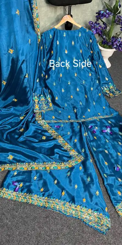 BD 1733 Blue Chinon Silk Salwar Suit with Sequins & Embroidery Work. Grab it for ₹2099. Delivery 4-6 Working Days. Shop now. | Casual Suits, Jump Suits, Creative suits, Designer Suits, Palazzo Suits, Party Wear Suits, Patiala Suits, Salwar suit, Straight Suits