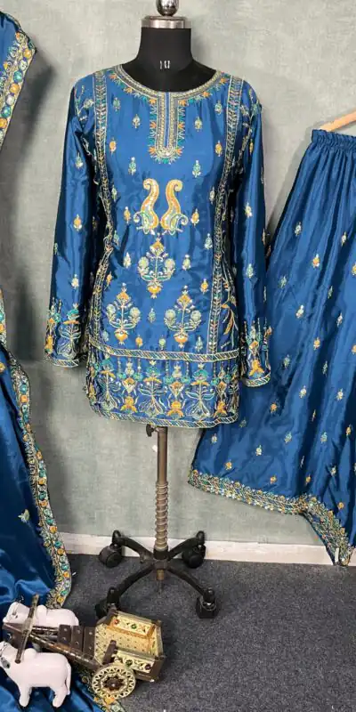 BD 1733 Blue Chinon Silk Salwar Suit with Sequins & Embroidery Work. Grab it for ₹2099. Delivery 4-6 Working Days. Shop now. | Casual Suits, Jump Suits, Creative suits, Designer Suits, Palazzo Suits, Party Wear Suits, Patiala Suits, Salwar suit, Straight Suits