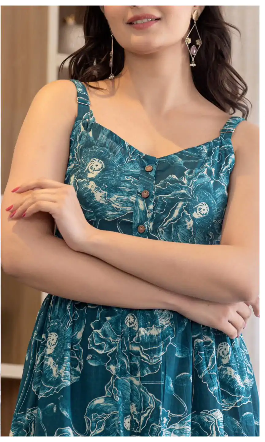 INLI Coral Blue Color Cotton With Printed Designer Work Gown . Wedding, Party, Festive, Events, Grab it for ₹1449. Delivery 4-6 Working Days. Shop now. | Bollywood Gowns, Creative Gowns, Designer Gowns, Embroidered Gowns, Gowns, Party Wear Gowns