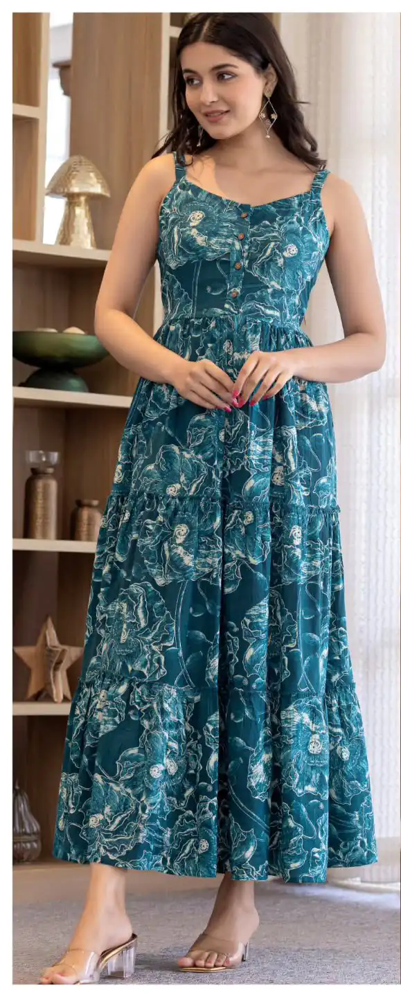 INLI Coral Blue Color Cotton With Printed Designer Work Gown . Wedding, Party, Festive, Events, Grab it for ₹1449. Delivery 4-6 Working Days. Shop now. | Bollywood Gowns, Creative Gowns, Designer Gowns, Embroidered Gowns, Gowns, Party Wear Gowns