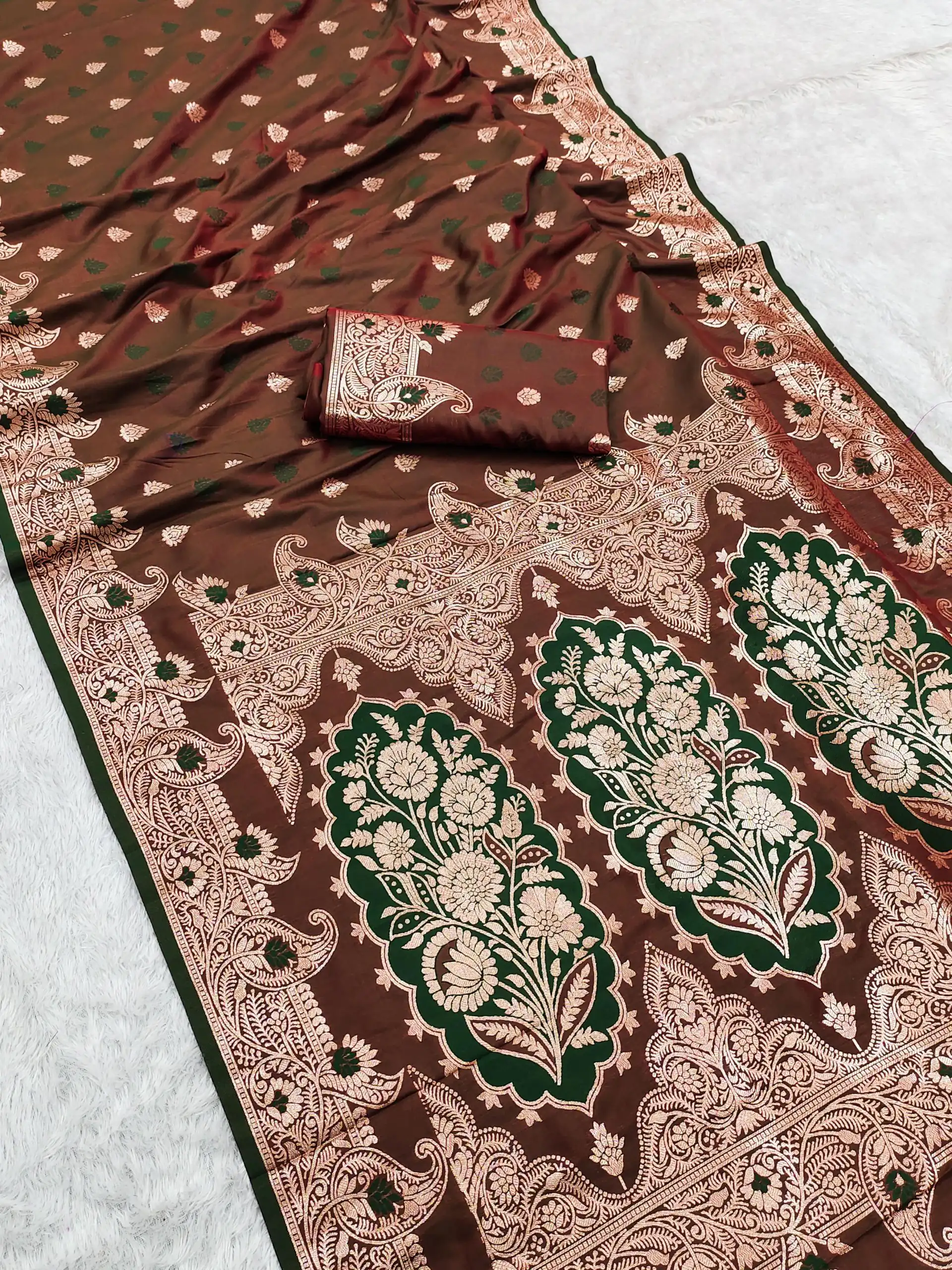 MB 43 Brown Color Banarasi silk Saree with Lace Work & Zari Work. Wedding, Party, Festive Grab it for ₹1899. Delivery 4-6 Working Days. Shop now. | Creative Sarees, Embroidered Sarees, Bollywood Sarees, Designer Sarees, Ethnic Saree, Modern Digital sarees, Party Wear Sarees, Sarees