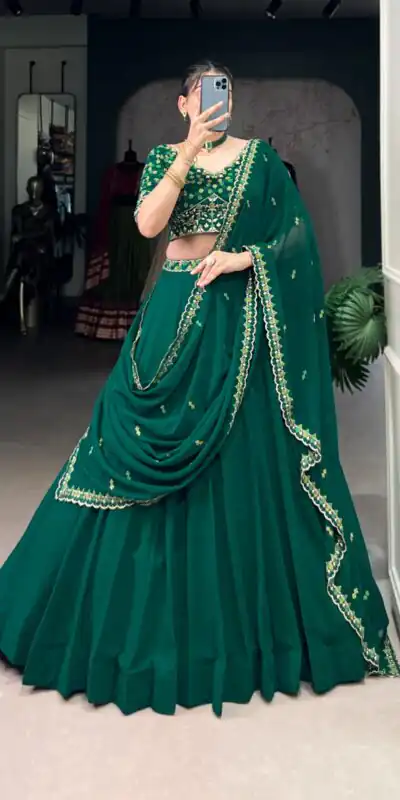 LNB 1447 Dark Green in Georgette Embroidery Work Lehenga Choli . Festive Deal ₹3299. Delivery 4-6 Working Days. Shop now. | Bollywood Lehenga, Creative Lehenga, Designer Lehenga, Embroidered Lehenga, Lehenga, Party Wear Lehenga