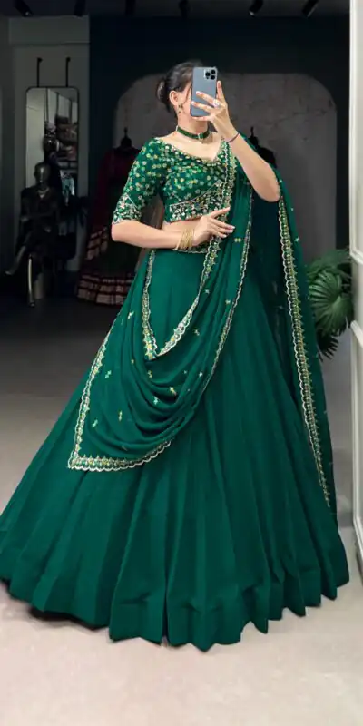 LNB 1447 Dark Green in Georgette Embroidery Work Lehenga Choli . Festive Deal ₹3299. Delivery 4-6 Working Days. Shop now. | Bollywood Lehenga, Creative Lehenga, Designer Lehenga, Embroidered Lehenga, Lehenga, Party Wear Lehenga