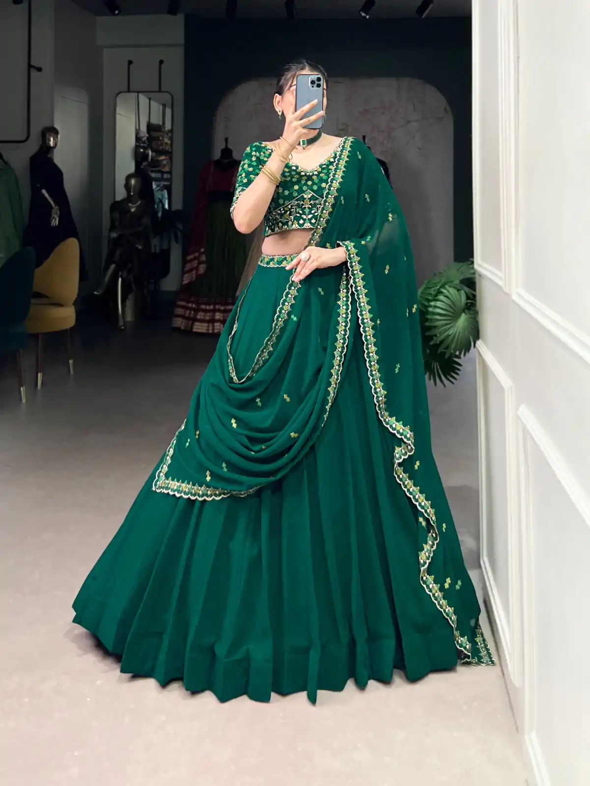 LNB 1447 Dark Green in Georgette Embroidery Work Lehenga Choli . Festive Deal ₹3299. Delivery 4-6 Working Days. Shop now. | Bollywood Lehenga, Creative Lehenga, Designer Lehenga, Embroidered Lehenga, Lehenga, Party Wear Lehenga