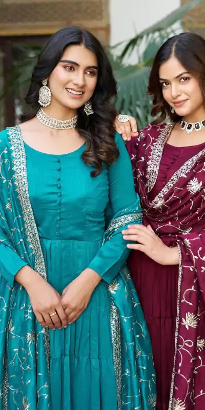 106 Firozi Color Vichitra Silk Gown Ram with Embroidery Work. Exclusive Offer ₹2049. Delivery 4-6 Working Days. Shop now. | Casual Suits, Jump Suits, Creative suits, Designer Suits, Palazzo Suits, Party Wear Suits, Patiala Suits, Salwar suit, Straight Suits