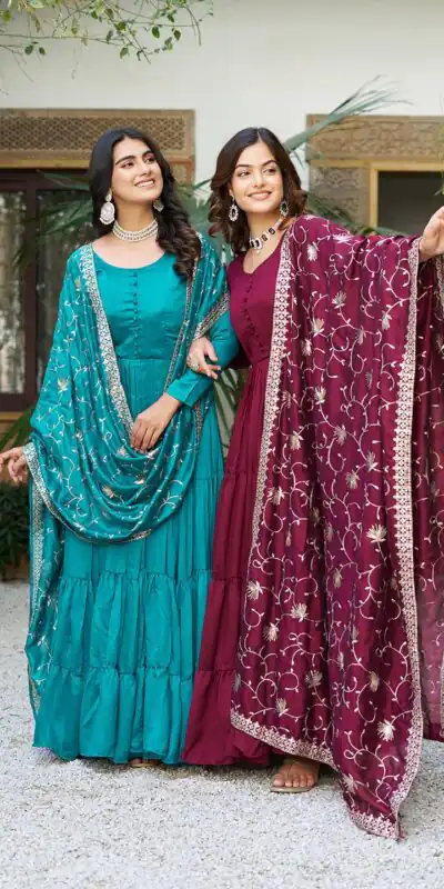 106 Firozi Color Vichitra Silk Gown Ram with Embroidery Work. Exclusive Offer ₹2049. Delivery 4-6 Working Days. Shop now. | Casual Suits, Jump Suits, Creative suits, Designer Suits, Palazzo Suits, Party Wear Suits, Patiala Suits, Salwar suit, Straight Suits