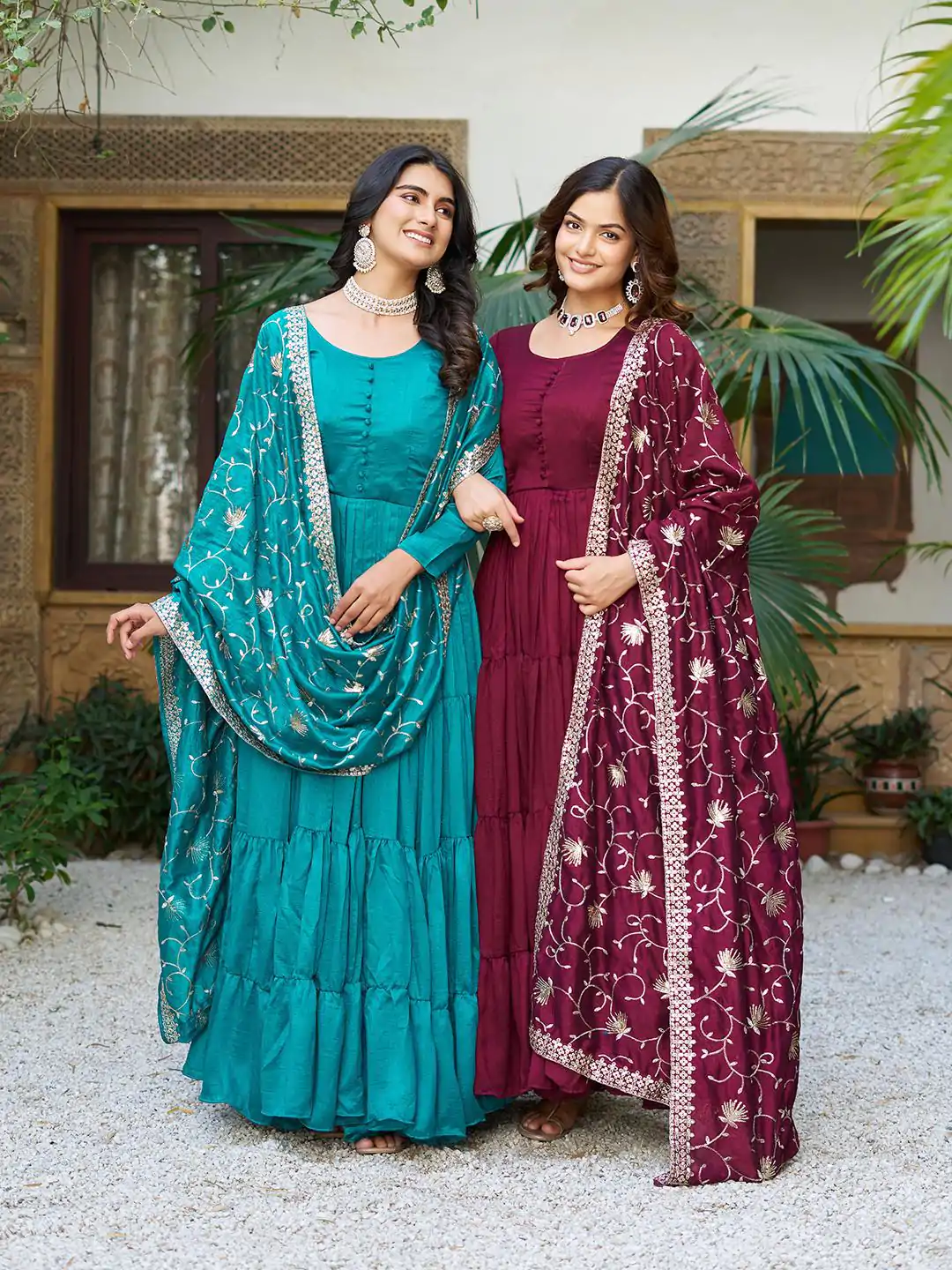106 Firozi Color Vichitra Silk Gown Ram with Embroidery Work. Exclusive Offer ₹2049. Delivery 4-6 Working Days. Shop now. | Casual Suits, Jump Suits, Creative suits, Designer Suits, Palazzo Suits, Party Wear Suits, Patiala Suits, Salwar suit, Straight Suits