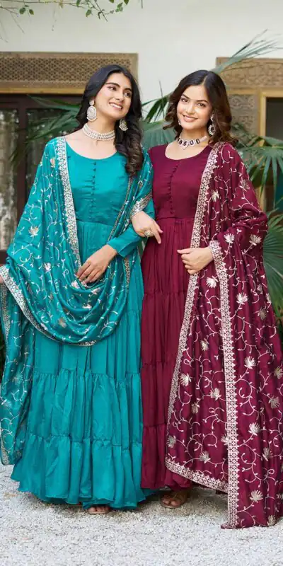 106 Firozi Color Vichitra Silk Gown Ram with Embroidery Work. Exclusive Offer ₹2049. Delivery 4-6 Working Days. Shop now. | Casual Suits, Jump Suits, Creative suits, Designer Suits, Palazzo Suits, Party Wear Suits, Patiala Suits, Salwar suit, Straight Suits