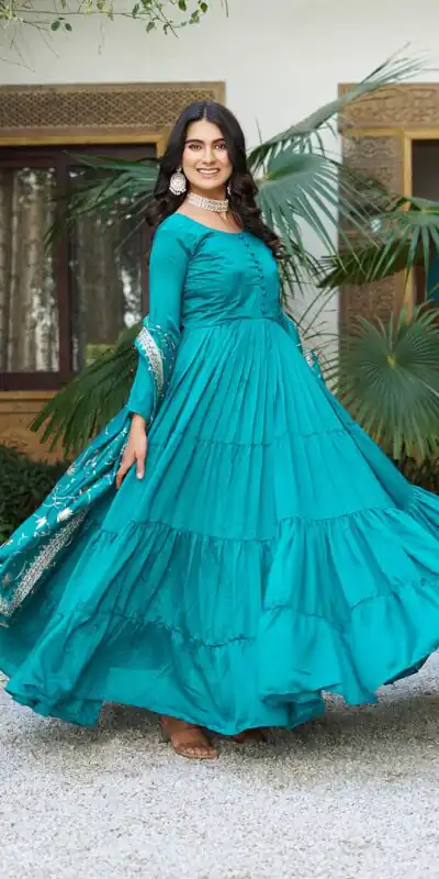 106 Firozi Color Vichitra Silk Gown Ram with Embroidery Work. Exclusive Offer ₹2049. Delivery 4-6 Working Days. Shop now. | Casual Suits, Jump Suits, Creative suits, Designer Suits, Palazzo Suits, Party Wear Suits, Patiala Suits, Salwar suit, Straight Suits