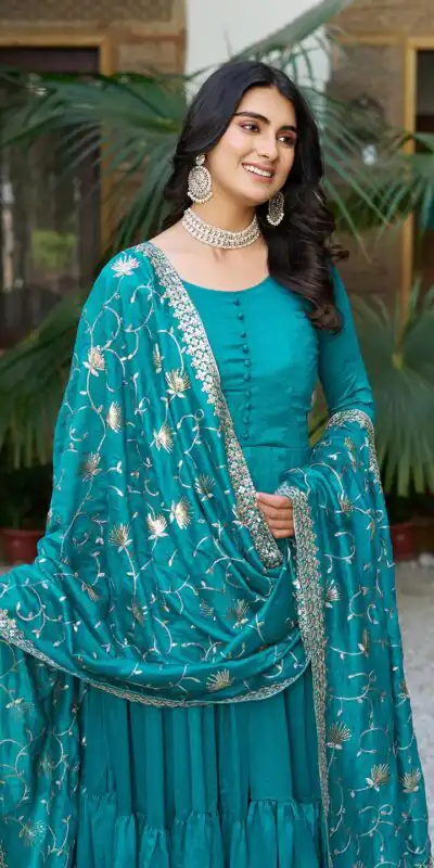 106 Firozi Color Vichitra Silk Gown Ram with Embroidery Work. Exclusive Offer ₹2049. Delivery 4-6 Working Days. Shop now. | Casual Suits, Jump Suits, Creative suits, Designer Suits, Palazzo Suits, Party Wear Suits, Patiala Suits, Salwar suit, Straight Suits