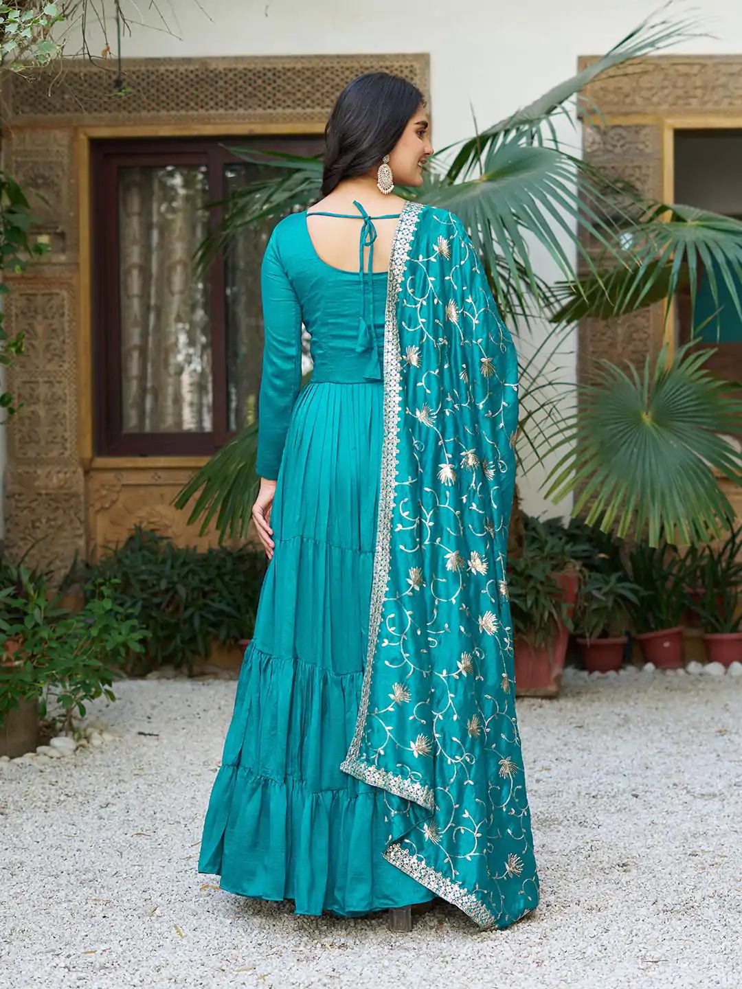 106 Firozi Color Vichitra Silk Gown Ram with Embroidery Work. Exclusive Offer ₹2049. Delivery 4-6 Working Days. Shop now. | Casual Suits, Jump Suits, Creative suits, Designer Suits, Palazzo Suits, Party Wear Suits, Patiala Suits, Salwar suit, Straight Suits