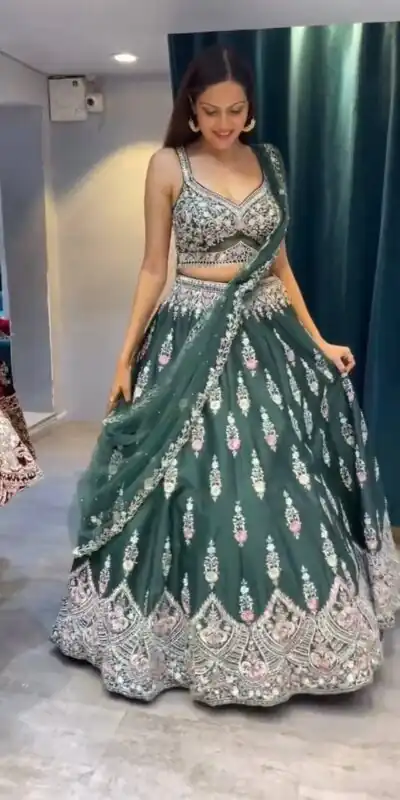 KF 1623 Green Faux Georgette with Cut Work Lehenga Choli . Wedding, Party, Festive, Events, Delivery 4-6 Working Days. Shop now. | Bollywood Lehenga, Creative Lehenga, Designer Lehenga, Embroidered Lehenga, Lehenga, Party Wear Lehenga