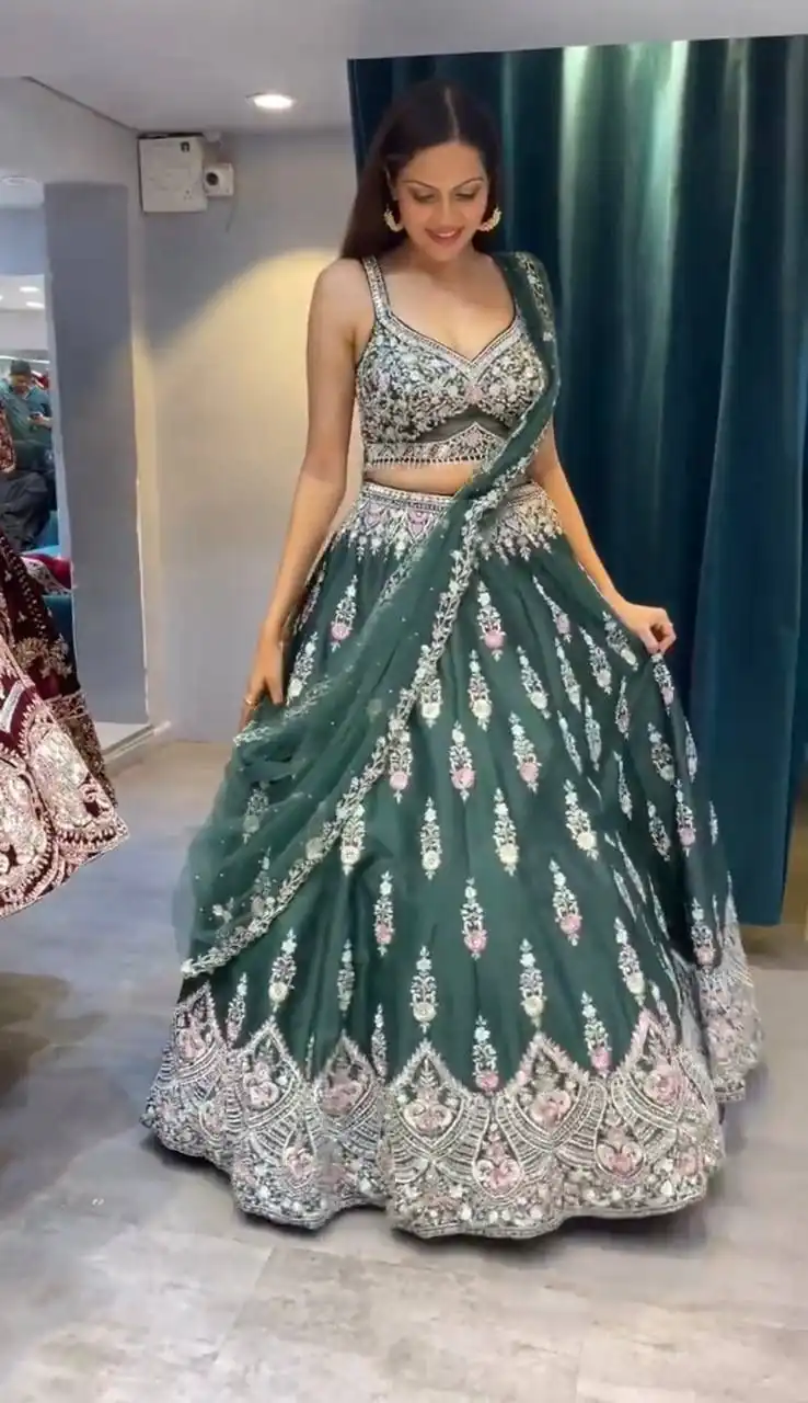 KF 1623 Green Faux Georgette with Cut Work Lehenga Choli . Wedding, Party, Festive, Events, Delivery 4-6 Working Days. Shop now. | Bollywood Lehenga, Creative Lehenga, Designer Lehenga, Embroidered Lehenga, Lehenga, Party Wear Lehenga