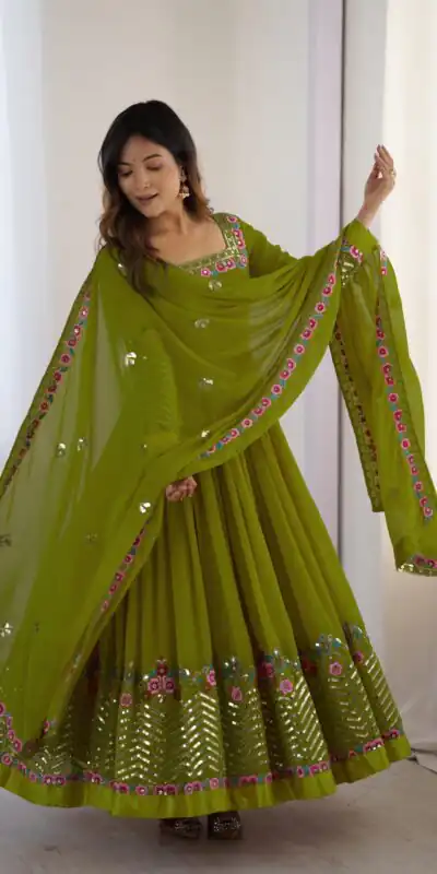 ZF 5010 Green Georgette Gown Perfect for Wedding, Party, Pooja, Ethnic Day, Karwa Chauth – . Best Price ₹2049. Delivery 4-6 Working Days. Shop now. | Casual Suits, Jump Suits, Creative suits, Designer Suits, Palazzo Suits, Party Wear Suits, Patiala Suits, Salwar suit, Straight Suits