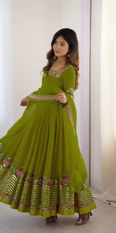ZF 5010 Green Georgette Gown Perfect for Wedding, Party, Pooja, Ethnic Day, Karwa Chauth – . Best Price ₹2049. Delivery 4-6 Working Days. Shop now. | Casual Suits, Jump Suits, Creative suits, Designer Suits, Palazzo Suits, Party Wear Suits, Patiala Suits, Salwar suit, Straight Suits