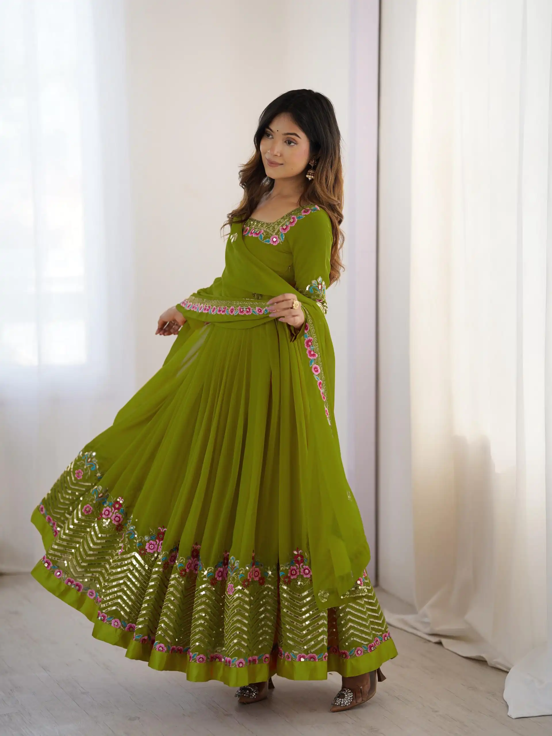 ZF 5010 Green Georgette Gown Perfect for Wedding, Party, Pooja, Ethnic Day, Karwa Chauth – . Best Price ₹2049. Delivery 4-6 Working Days. Shop now. | Casual Suits, Jump Suits, Creative suits, Designer Suits, Palazzo Suits, Party Wear Suits, Patiala Suits, Salwar suit, Straight Suits