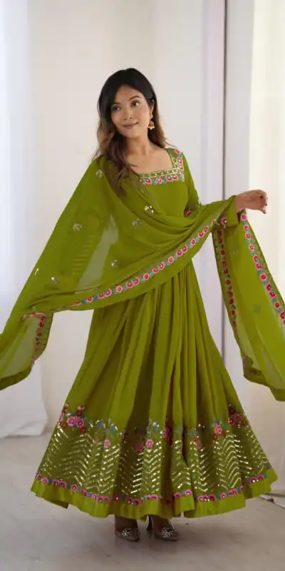 ZF 5010 Green Georgette Gown Perfect for Wedding, Party, Pooja, Ethnic Day, Karwa Chauth – . Best Price ₹2049. Delivery 4-6 Working Days. Shop now. | Casual Suits, Jump Suits, Creative suits, Designer Suits, Palazzo Suits, Party Wear Suits, Patiala Suits, Salwar suit, Straight Suits