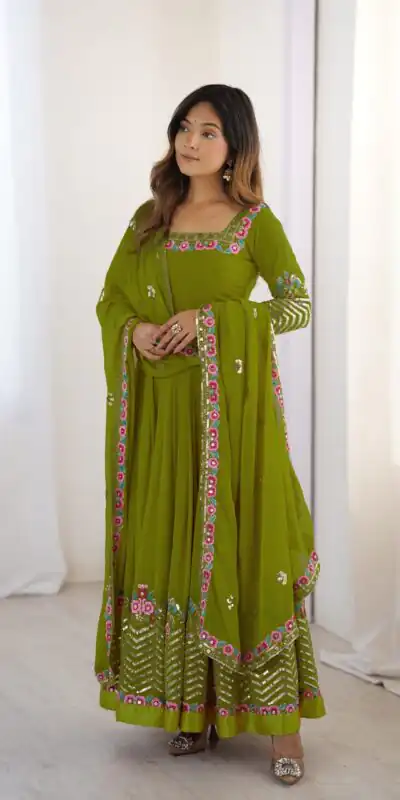ZF 5010 Green Georgette Gown Perfect for Wedding, Party, Pooja, Ethnic Day, Karwa Chauth – . Best Price ₹2049. Delivery 4-6 Working Days. Shop now. | Casual Suits, Jump Suits, Creative suits, Designer Suits, Palazzo Suits, Party Wear Suits, Patiala Suits, Salwar suit, Straight Suits