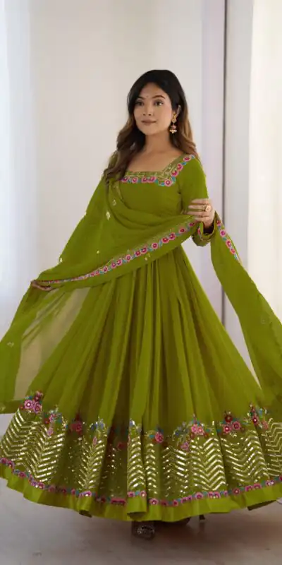 ZF 5010 Green Georgette Gown Perfect for Wedding, Party, Pooja, Ethnic Day, Karwa Chauth – . Best Price ₹2049. Delivery 4-6 Working Days. Shop now. | Casual Suits, Jump Suits, Creative suits, Designer Suits, Palazzo Suits, Party Wear Suits, Patiala Suits, Salwar suit, Straight Suits