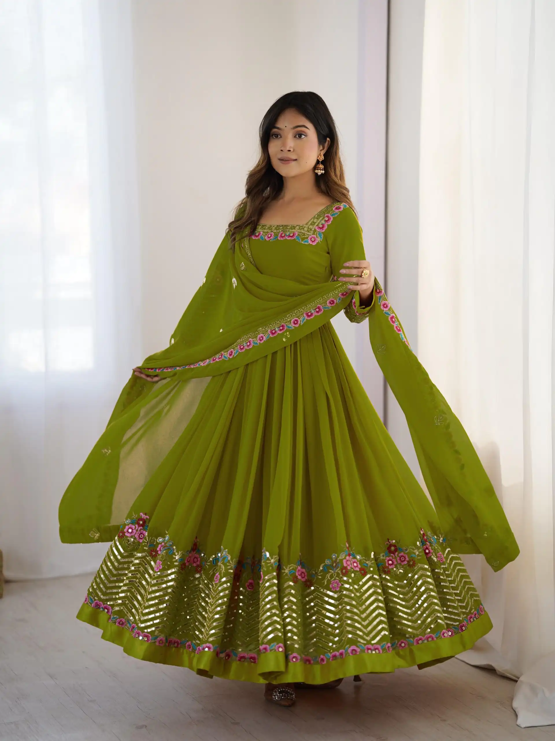 ZF 5010 Green Georgette Gown Perfect for Wedding, Party, Pooja, Ethnic Day, Karwa Chauth – . Best Price ₹2049. Delivery 4-6 Working Days. Shop now. | Casual Suits, Jump Suits, Creative suits, Designer Suits, Palazzo Suits, Party Wear Suits, Patiala Suits, Salwar suit, Straight Suits