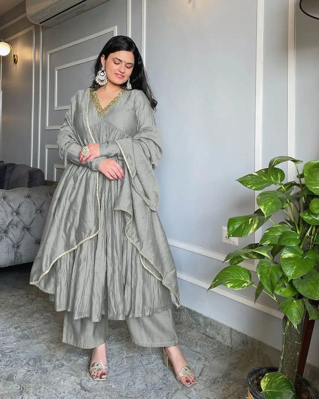 AD 152 Grey Color Pure Chinon Silk Embroidery Gown Fancy Full Sleeve Wedding, Party, Festive, Events Etc. Expected Delivery  4-6 Working Days @1799/ | Casual Suits, Jump Suits, Creative suits, Designer Suits, Palazzo Suits, Party Wear Suits, Patiala Suits, Salwar suit, Straight Suits
