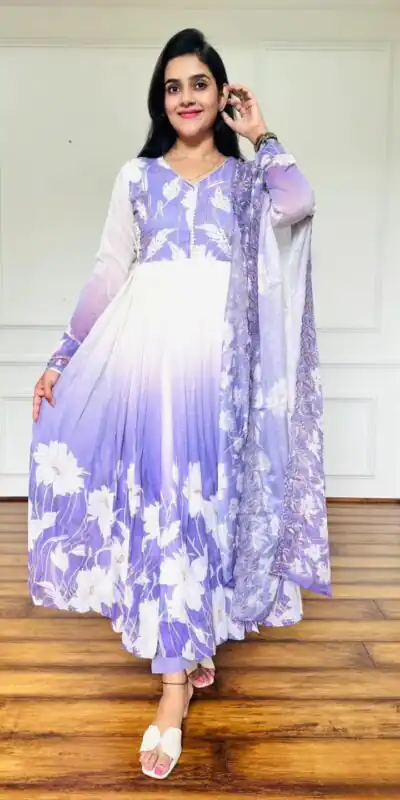 ZF 431 Lavender Faux Georgette Gown with Embroidery Work & Digital Print. Best Price ₹2049. Delivery 4-6 Working Days. Shop now. | Casual Suits, Jump Suits, Creative suits, Designer Suits, Palazzo Suits, Party Wear Suits, Patiala Suits, Salwar suit, Straight Suits