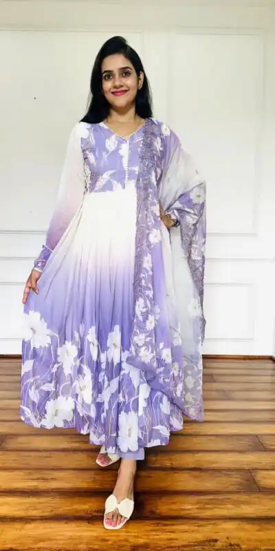ZF 431 Lavender Faux Georgette Gown with Embroidery Work & Digital Print. Best Price ₹2049. Delivery 4-6 Working Days. Shop now. | Casual Suits, Jump Suits, Creative suits, Designer Suits, Palazzo Suits, Party Wear Suits, Patiala Suits, Salwar suit, Straight Suits