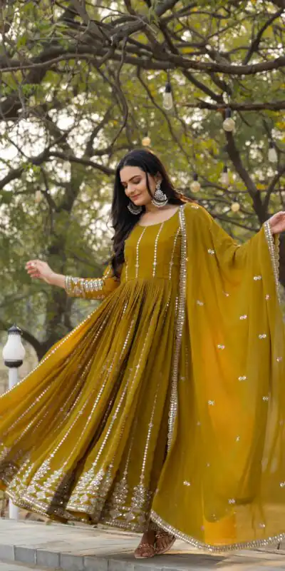 Ram 080 Mahendi Fox Georgette Gown with Embroidery Work. Wedding, Party, Festive, Events, Best Price ₹2049. Delivery 4-6 Working Days. Shop now. | Casual Suits, Jump Suits, Creative suits, Designer Suits, Palazzo Suits, Party Wear Suits, Patiala Suits, Salwar suit, Straight Suits