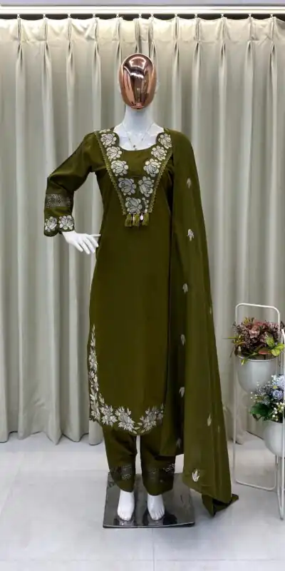 BE 385 Mahendi Color Rayon Slub Cotton Embroidery Wor Salwar Suit Casual, Wedding, Festive, Events . Expected Delivery  4-6 Working Days @1899/- only      | Casual Suits, Jump Suits, Creative suits, Designer Suits, Palazzo Suits, Party Wear Suits, Patiala Suits, Salwar suit, Straight Suits