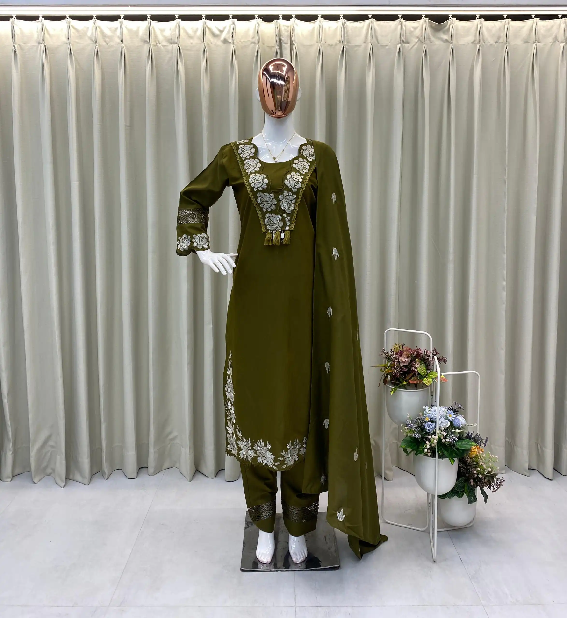 BE 385 Mahendi Color Rayon Slub Cotton Embroidery Wor Salwar Suit Casual, Wedding, Festive, Events . Expected Delivery  4-6 Working Days @1899/- only      | Casual Suits, Jump Suits, Creative suits, Designer Suits, Palazzo Suits, Party Wear Suits, Patiala Suits, Salwar suit, Straight Suits