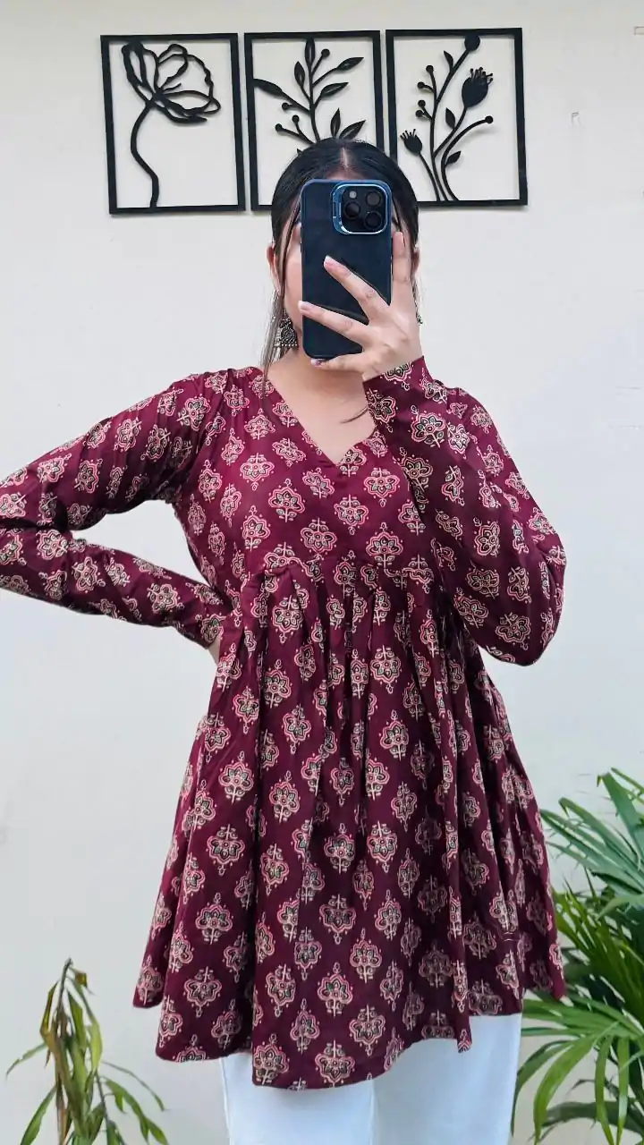 INLI Plume Maroon Color Cotton with Designer Printed Work Kurti . Wedding, Party, Festive, Events, Best Price ₹1299. Delivery 4-6 Working Days. Shop now. | Bollywood Kurti, Creative Kurtis, Designer Kurti, Kurti, Party Wear Kurti, Selfie Kurti