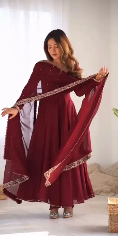 SRK 5222 Maroon in Faux Georgette Lace Work & Embroidery Work Salwar Suit . Grab it for ₹1849. Delivery 4-6 Working Days. Shop now. | Casual Suits, Jump Suits, Creative suits, Designer Suits, Palazzo Suits, Party Wear Suits, Patiala Suits, Salwar suit, Straight Suits