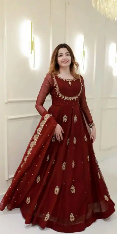 LG 2006 Maroon Georgette Gown Perfect for Wedding, Party, Engagement, Diwali, Sangeet . Exclusive Offer ₹1999. Delivery 4-6 Working Days. Shop now. | Bollywood Gowns, Creative Gowns, Designer Gowns, Embroidered Gowns, Gowns, Party Wear Gowns
