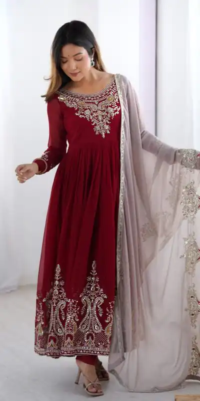 ZF 5008 Maroon Georgette Gown with Embroidery Work. Wedding, Party, Festive, Events, Special Price ₹2049. Delivery 4-6 Working Days. Shop now. | Casual Suits, Jump Suits, Creative suits, Designer Suits, Palazzo Suits, Party Wear Suits, Patiala Suits, Salwar suit, Straight Suits