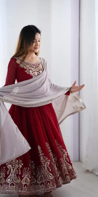 ZF 5008 Maroon Georgette Gown with Embroidery Work. Wedding, Party, Festive, Events, Special Price ₹2049. Delivery 4-6 Working Days. Shop now. | Casual Suits, Jump Suits, Creative suits, Designer Suits, Palazzo Suits, Party Wear Suits, Patiala Suits, Salwar suit, Straight Suits