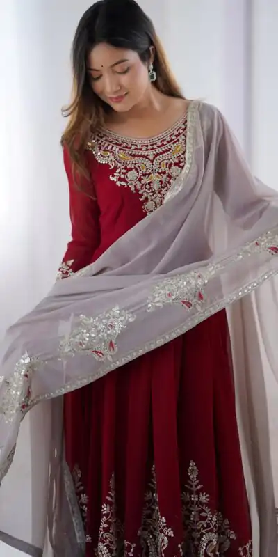 ZF 5008 Maroon Georgette Gown with Embroidery Work. Wedding, Party, Festive, Events, Special Price ₹2049. Delivery 4-6 Working Days. Shop now. | Casual Suits, Jump Suits, Creative suits, Designer Suits, Palazzo Suits, Party Wear Suits, Patiala Suits, Salwar suit, Straight Suits