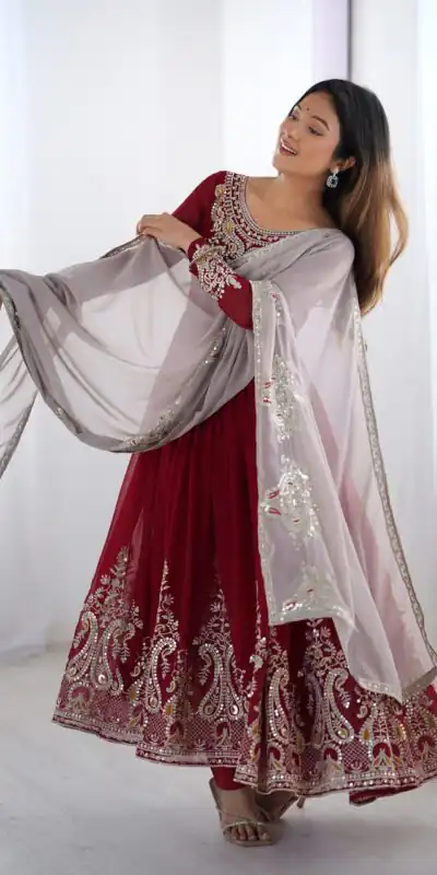 ZF 5008 Maroon Georgette Gown with Embroidery Work. Wedding, Party, Festive, Events, Special Price ₹2049. Delivery 4-6 Working Days. Shop now. | Casual Suits, Jump Suits, Creative suits, Designer Suits, Palazzo Suits, Party Wear Suits, Patiala Suits, Salwar suit, Straight Suits