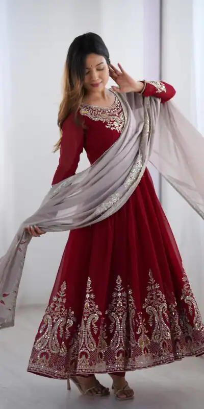 ZF 5008 Maroon Georgette Gown with Embroidery Work. Wedding, Party, Festive, Events, Special Price ₹2049. Delivery 4-6 Working Days. Shop now. | Casual Suits, Jump Suits, Creative suits, Designer Suits, Palazzo Suits, Party Wear Suits, Patiala Suits, Salwar suit, Straight Suits