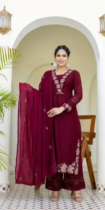 BE 385 Maroon Color Rayon Slub Cotton Embroidery Wor Salwar Suit Casual, Wedding, Festive, Events . Expected Delivery  4-6 Working Days @1899/- only      | Casual Suits, Jump Suits, Creative suits, Designer Suits, Palazzo Suits, Party Wear Suits, Patiala Suits, Salwar suit, Straight Suits