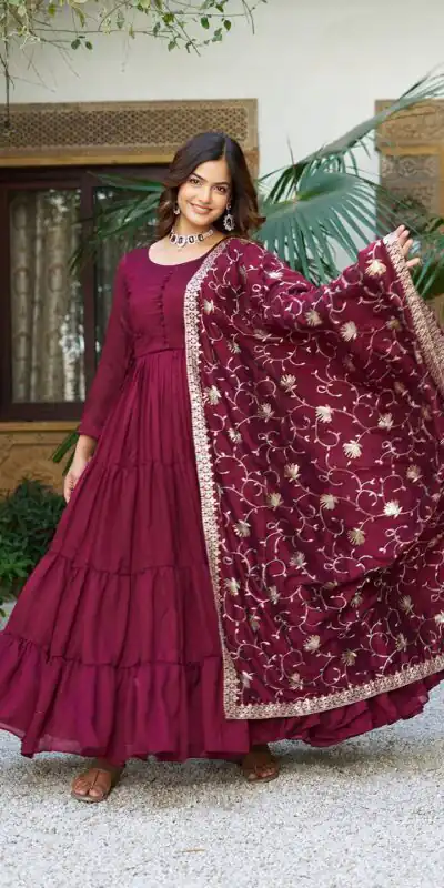 106 Maroon Color Vichitra Silk Gown Ram with Embroidery Work. Exclusive Offer ₹2049. Delivery 4-6 Working Days. Shop now. | Casual Suits, Jump Suits, Creative suits, Designer Suits, Palazzo Suits, Party Wear Suits, Patiala Suits, Salwar suit, Straight Suits