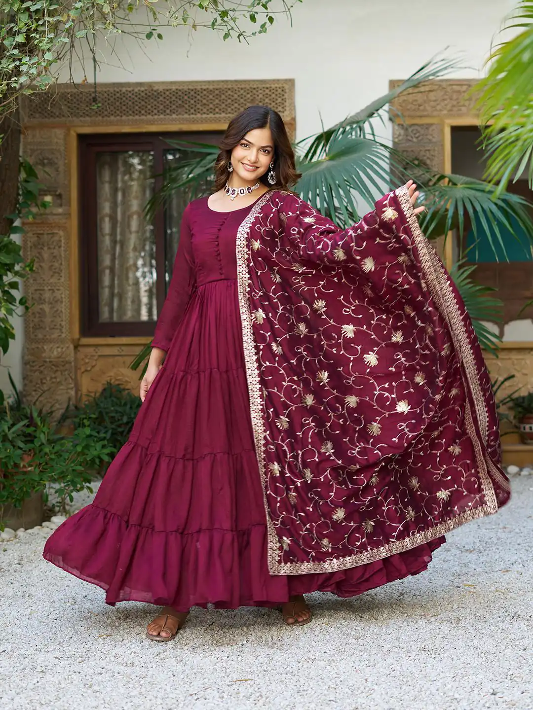 106 Maroon Color Vichitra Silk Gown Ram with Embroidery Work. Exclusive Offer ₹2049. Delivery 4-6 Working Days. Shop now. | Casual Suits, Jump Suits, Creative suits, Designer Suits, Palazzo Suits, Party Wear Suits, Patiala Suits, Salwar suit, Straight Suits